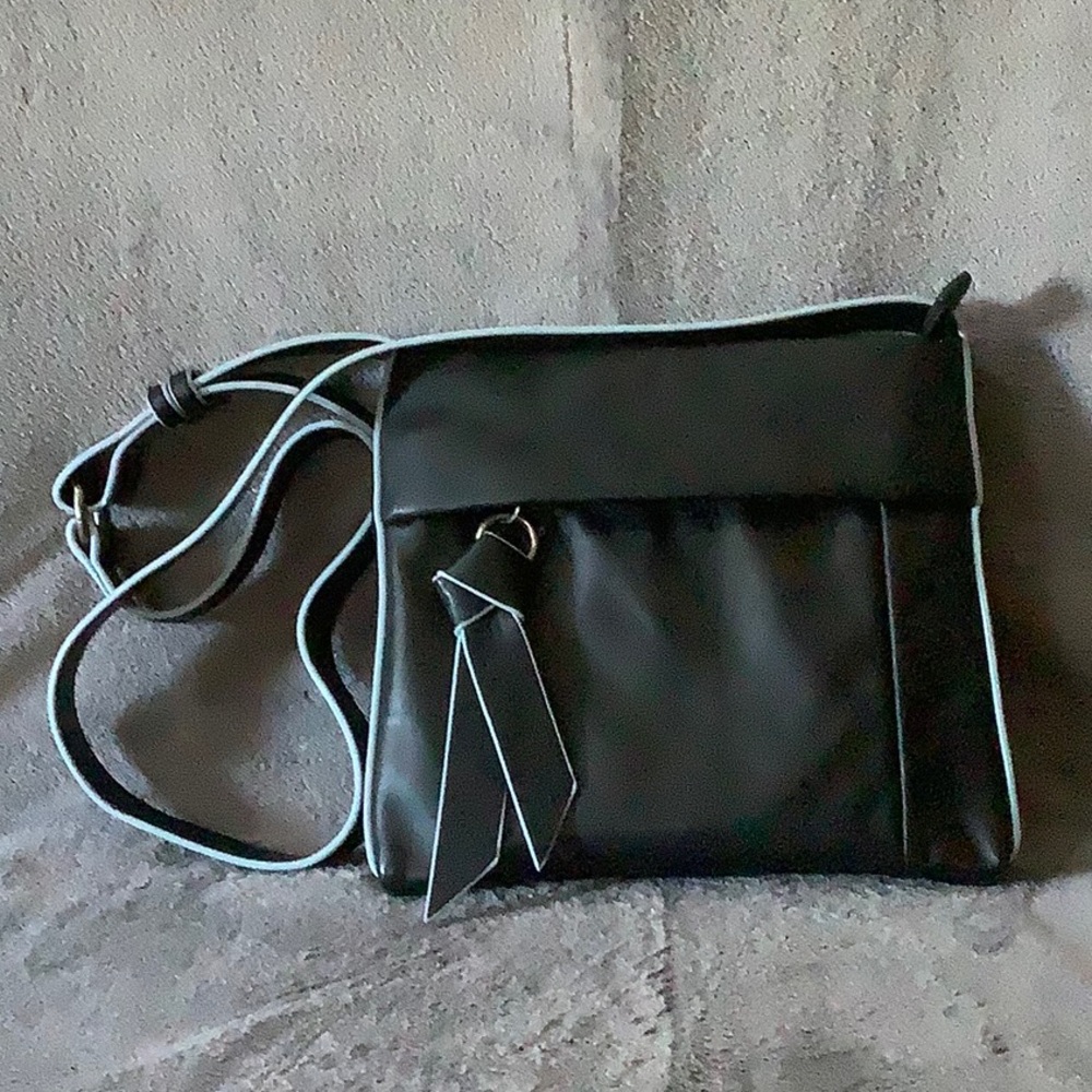 liv. by Olivia + Joy black leather crossbody with baby blue trim